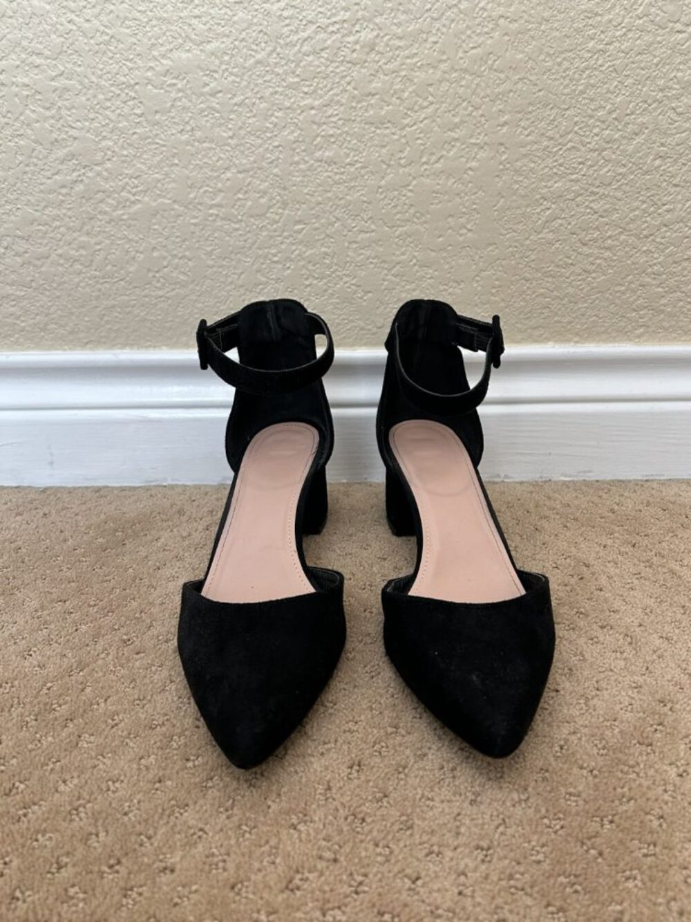 Black Faux Suede Pointed-Toe Ankle-Strap Block Heels, Size 9.5